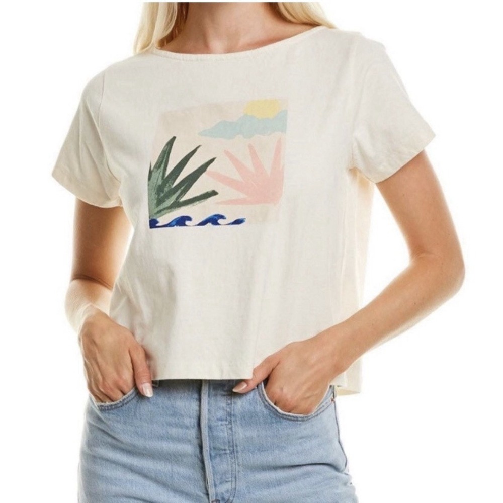 Madewell Womens Graphic Crop T-Shirt Cream Abstract Coastal Art Size XXS